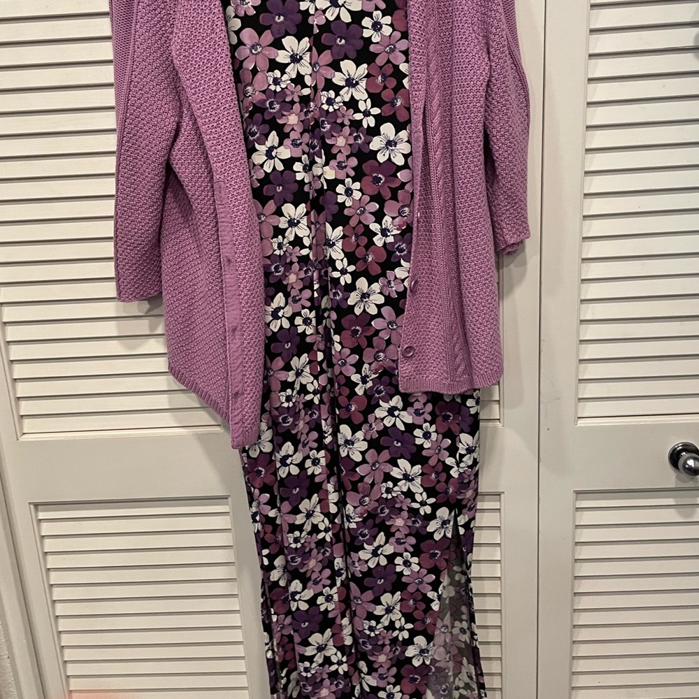 Black sleeveless dress with purple flowers and a lavender sweater
